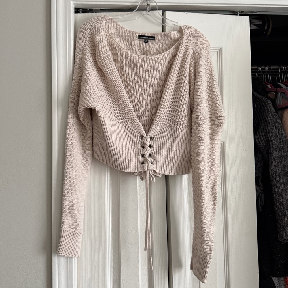 Kendall & Kylie Cream V-Neck Sweater with Lace-Up